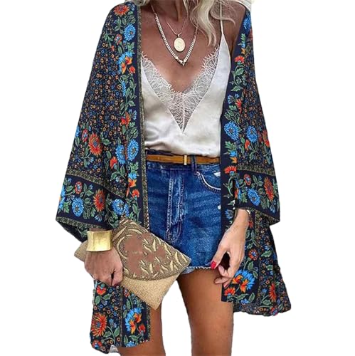 Cardigan d'été pour femme bleu avec manches longues imprimé bohème vintage en taille M