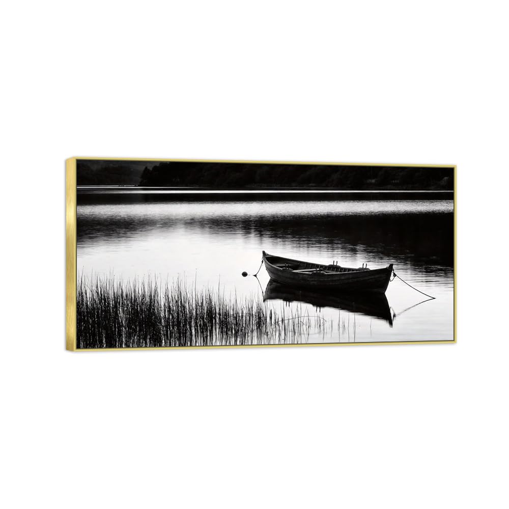OZPWBVY Lake Boat 3 Black White Landscape Canvas Picture 30x60cm Gold Frame