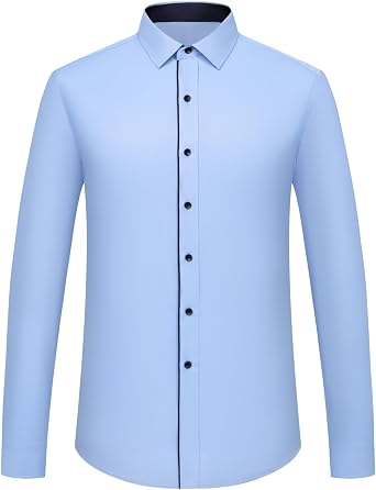 Mens Classic Contrast Stitching Front Placket Dress Shirts Semi-Formal Long Sleeve Regular-fit Social Business Office Shirt