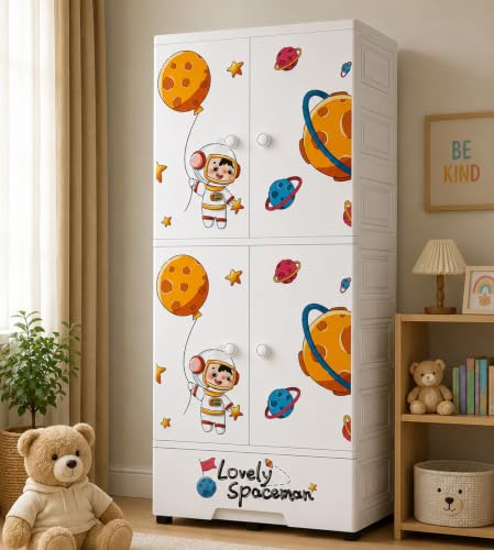 Image of Kids Plastic Wardrobe for Clothes Storage | Baby Cupboard & Almirah with Hanging Rod & Shelves | Portable Collapsible Storage Cabinet for Bedroom | Cartoon Kids Wardrobe