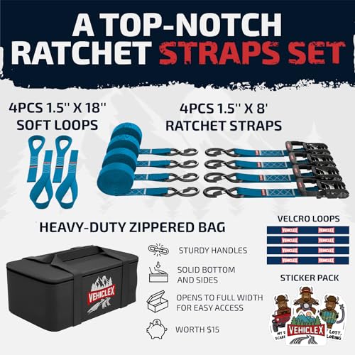Image of Vehiclex Motorcycle Ratchet Tie Down Straps with Soft Loops, 1.5 inch x 8'