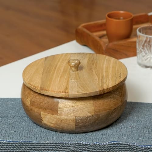 Image of Sanjeev Kapoor By OGGN Mango Wood 9 x 9 x 4 Inch, Casserole for Roti Hot Case | Wooden Roti Box | Hot Case Casserole | Big Chapati Storage Box for Home & Kitchen - Premium Wood Elegant Design