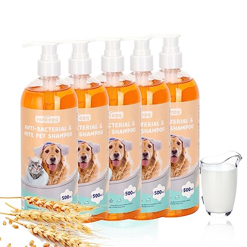 Nobleza 5 x 500ML Champú para Perros y Gatos de Agua con Citronela Hipoalergénico,Calma Champú Repelente Antipulgas E Insectos con Fragancia de Leche y Avena 2.5L