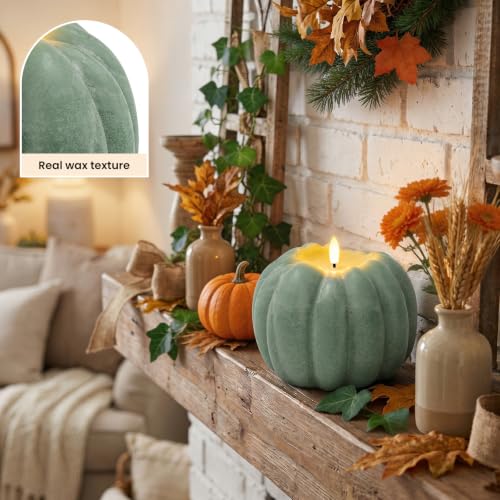 Vela sin llama con forma de calabaza verde salvia para otoño 3