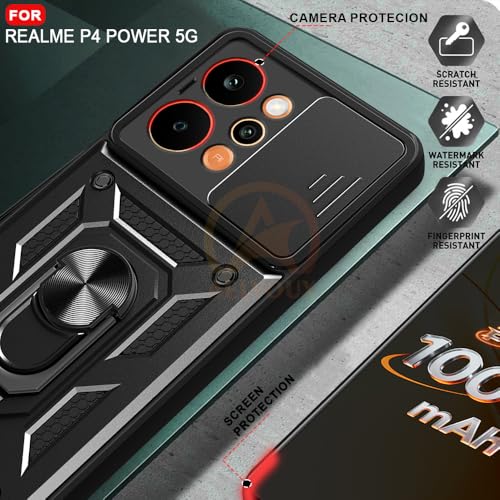 Image of Armor Bumper Back Cover Case for Realme P4 Power 5G | Rotating Camera Cover, Ring Holder & Kickstand | Heavy Duty & 360 Degree Protection Back Cover (Black)
