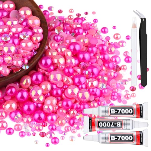 80g 3-10mm Flatback Pearls and Rhinestones for Bedazzling (Dark Pink)