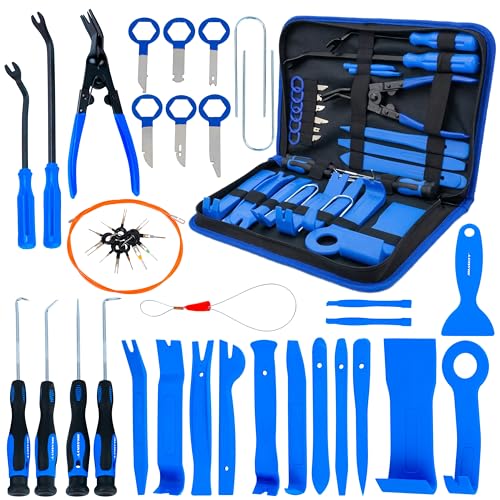 HASKYY Kit Outils Démontage Auto 40 pcs Garniture Porte & Baguettes, Extracteur Clips, Outils Autoradio, Outils Débrochage Connecteurs, Aide Passe-Câble,...