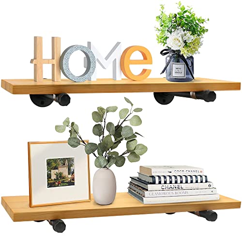 LotFancy Industrial Floating Shelves with Pipe Brackets , 24 Inch Wall Wood Shelf, Rustic Storage Shelves for Bathroom, Kitchen, Living Room, Bedroom, Office, 2 Pack