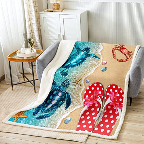 Hawaiian Beach Themed Blanket Tropical Ocean Throw Blanket For Bed, Aqua Sea Turtle Fleece Blanket Throw Size Cherry Blossom Slippers Sherpa Blanket, Kawaii Crab Starfish Pearl Fuzzy Blanket #TOP1