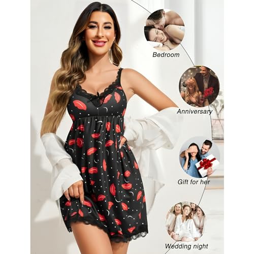Image of Women Babydoll Lingerie Set Lace Chemise Above The Knee Nightgown Spaghetti Straps V- Neck Midnight Sleepwear for Honeymoon & Anniversary Romantic Nightwear