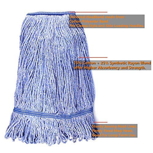Image of String Mop Heads Replacement Heavy Duty Commercial Grade Blue Cotton Looped End Wet Industrial Cleaning Mop Head Refills (4, Medium)