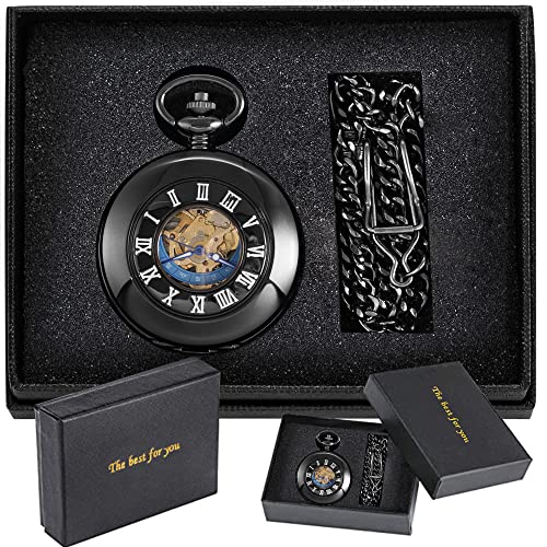 Image of Steampunk Vintage Smooth Roman Carved Case Design Mechanical Hand-Wind with Chain & Box Best Gifts