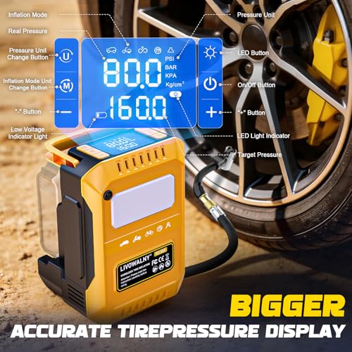 Image of LIVOWALNY 5X Faster Tire Inflator Air Compressor, 160PSI Cordless Air Pump Compatible with Dewalt 20V Battery with Digital Pressure Gauge, Deflator & Auto Shut-Off for Car, Motorcycle (Tool Only)