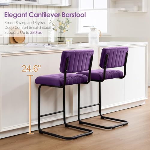 Image of ONEVOG 24.6'' Counter Height Bar Stools Set of 4, Mid-Century Modern Counter Height Cantilever Bar Chairs for Kitchen Island, Upholstered Velvet Fabric Barstools with Back and Matte Metal Legs, Purple