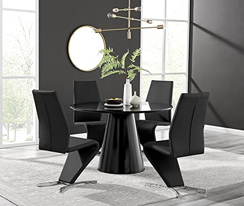 Furniturebox UK Palma Black Semi-Gloss Round Pedestal Dining Table and 4 Black Faux Leather 'Z' Shaped Willow Dining Chairs