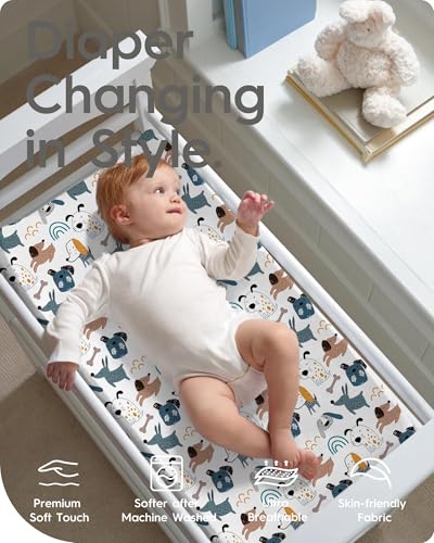 Image of Extra Stretchy Changing Pad Cover, TotBasic Ultra Soft Premium Jersey Knit Changing Pad Sheets, Unisex for Boys Girls, Fits All Standard Changing Tables /Dresser Tops - 2 Pack (Print Dino + Puppy)