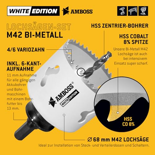 Lochsäge 68 mm - Amboss Bi-Metall (inkl. 6-kant Standard-Aufnahme) ideal für Hohlwanddose, LED-Spot, Steckdose in Gipskarton/Holz – Ansicht 4