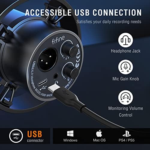 FIFINE XLR mikrofon dynamiczny PC, mikrofon USB do streamingu, podcastów, studia gier, do PS4/5 Mac Mixer, kart dźwiękowych - K688