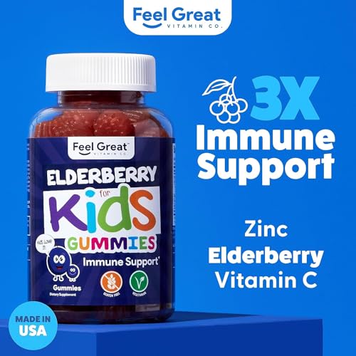 Image of Feel Great Kids Elderberry Gummies with Zinc and Vitamin C | Immune Support Sambucus Elderberry | Berry Flavored Vegan Kids Multivitamins | 60 Day Supply