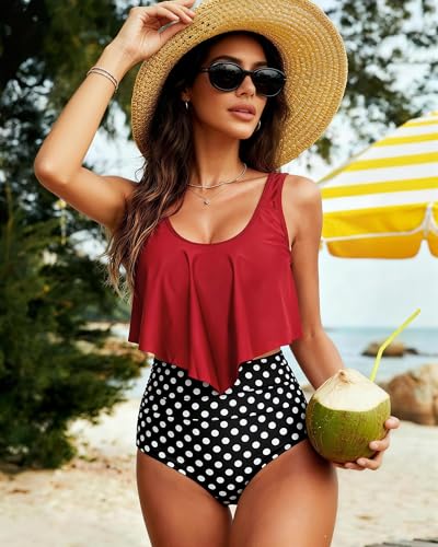 Image of Women High Waisted Bikini Swimsuit Flounce Vintage 2 Piece Bathing Suits | Vintage,tummy control,two piece bathing suits,plus size,swimwear,ruffled,tankini top,bikini bottom