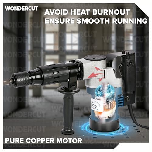 Image of WONDERCUT WC-DHP-005-B Demolition Hammer with 35mm Cylinder, 100% Copper, 15J Force | 1200 Watts, 3600 BPM with 2Pcs 17mm Hex Chisels,Spanner & BMC Box | Concrete & Masonry Breaker |Blue & Black