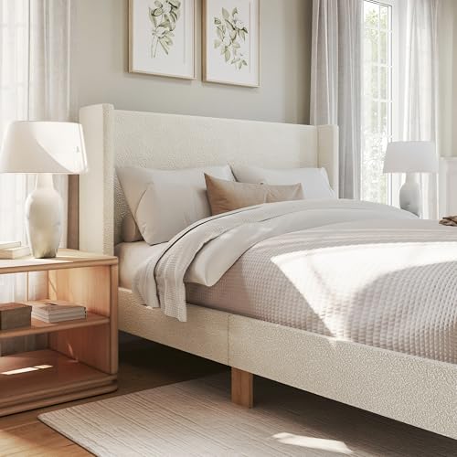 Image of Martha Stewart Maisie Queen Wingback Upholstered Platform Bed, Off-White