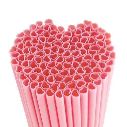 KTOJOY 120 PCS Heart Shaped Pink Straws Disposable Drinking Cute Straws Valentine Plastic Straws for Wedding Ceremony and Birthday Party