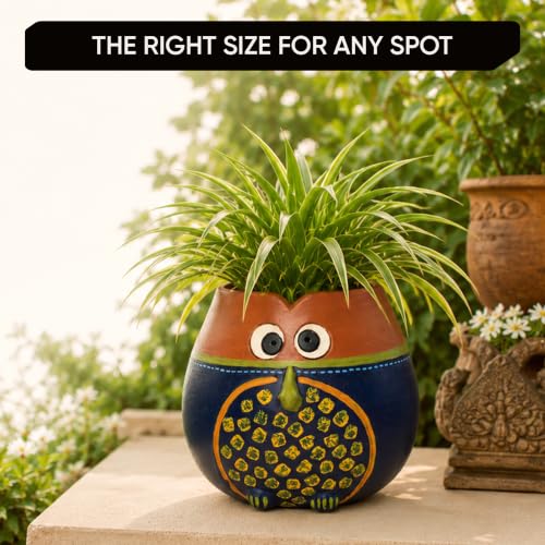 Image of AAKRITI ART CREATIONS Terracotta Planter Pot | Brown & Blue Earthen Design, Modern Art, Matte Finish | Decorative Plant Pot for Indoor & Outdoor Home Decor