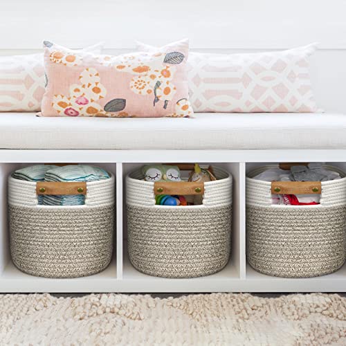 3 Pack Woven Cotton Rope Cube Storage Baskets, Aivatoba Shelf Baskets For Organizing, Decorative Baskets With Detachable Leather Handles For Closet Storage, 15”X10”X9.5” #TOP5