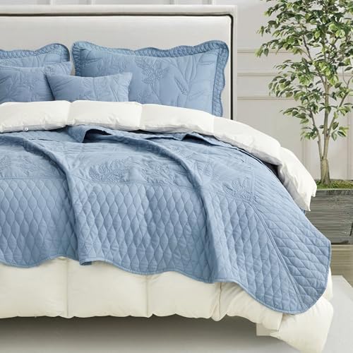 Image of Bedspread oversized Full 96x110,Beautiful Leaf Stitching,5 PC, Ashley Blue