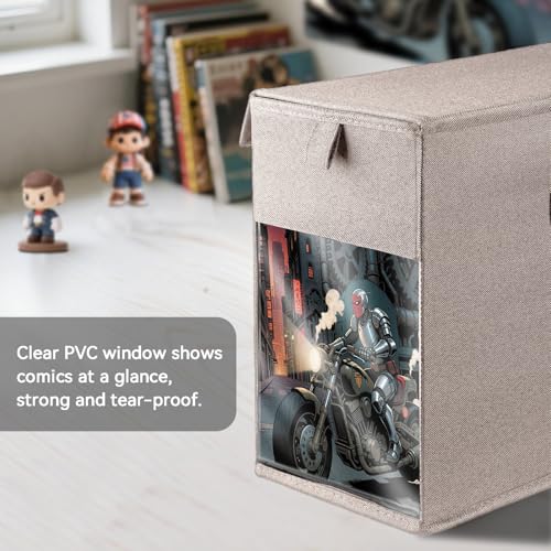 Image of 2 Pack Comic Book Storage Box with Lid for Modern Age, Collapsible Magazine Organizer with Clear Window, Beige