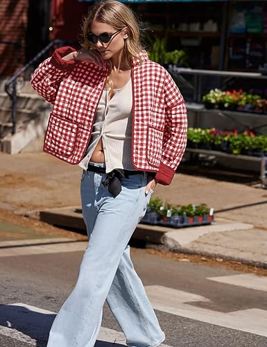 Bozanly Women's Cropped Puffer Quilted Jacket Plaid Printed Lightweight Long Sleeve Zipper Padded Coat3