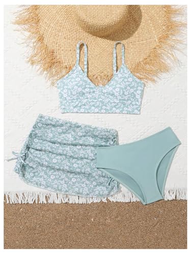Image of COZYEASE Girls' 3 Piece Set Floral Print Bikini Swimsuit with Drawstring Beach Skirt Cute Ruched Bathing Suit