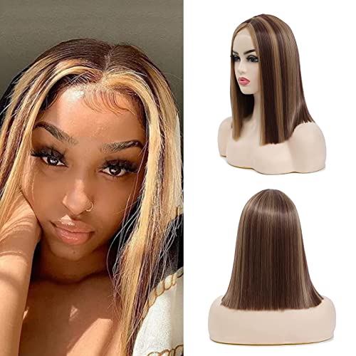 DDHAIR Short Blonde Wigs, Blonde Mix Brown Highlights Wig with Middle Part Straight Synthetic Wigs for Women(14 Inch)