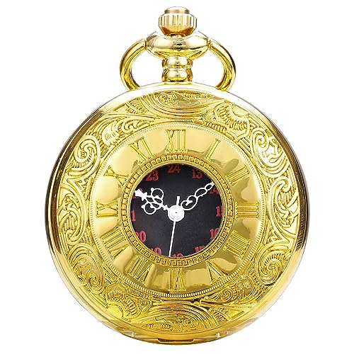 DerMacht Pocket Watch with Chain Quartz Steampunk Roman Numerals Analog