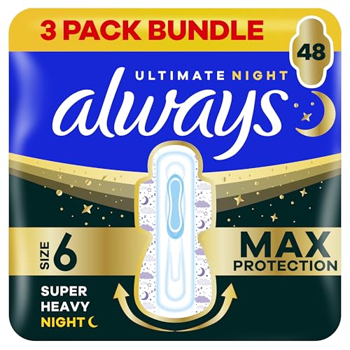 Always Ultra Sanitary Towels Secure Ultimate Night (Size 6) with Wings 3 x 16 Pads Super Absorbent and Ultra Thin for Menstrual Periods