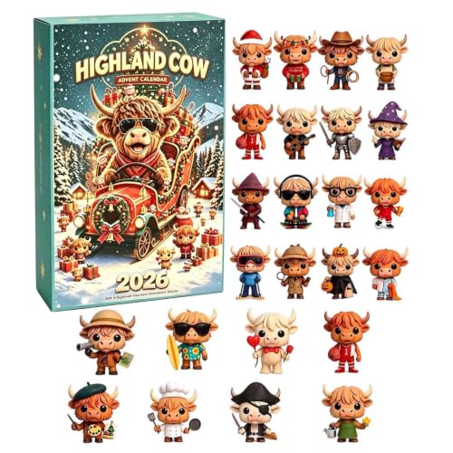 Highland Cow Calendrier de l'Avent 2026 - Lot de 24 mini figurines de vache