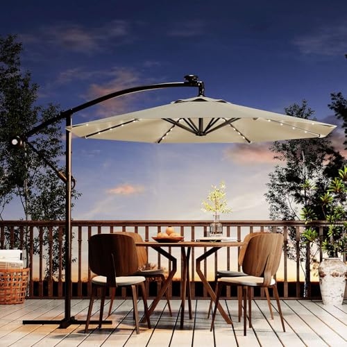 Garvee 10ft Solar Lights Offset Patio Umbrella, Cantilever Umbrella with Easy Lift & Tilt Adjustment, 8 Ribs Sun umbrella UV Protection for Backyard, Pool, Garden - Beige