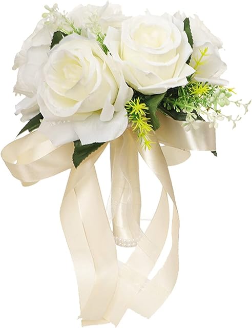 9 Inches Bridal Wedding Bouquet Bride Bouquets Flowers Ribbon Artificial Rose Bridal Holding Flowers Bouquets White Pink Purple for Wedding Party