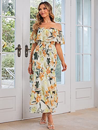Berrygo Women’s Boho Floral Maternity Maxi Dress Off The Shoulder Ruffle Smocked Bodycon Dress For Wedding Guest Yellow,S #TOP1