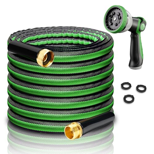 Aterr Garden Hose, Heavy Duty Flexible Water Hose with 10 Pattern Nozzle, Lightweight Durable Hose, Solid Aluminum Connectors，Leak-Resistant for Yard Lawn Car Washing, （50ft Green）