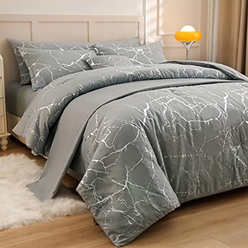 Aimuan Silver Comforter Set Metallic Marble Queen Size 7 Pcs Set Foil Print Glitter Bedding Set Soft Microfiber Filling Quilt For All Seasons Grey/Silver, Queen #TOP2