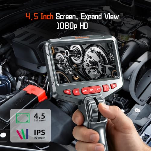 Image of Two-Way Articulating Borescope, 1080P HD Industrial Endoscope Inspection Camera with 8 LED Lights, Mechanical Tool for Automotive, HVAC, Plumbing, IP67 Waterproof & 5ft Semi-Rigid Flexible Snake Probe
