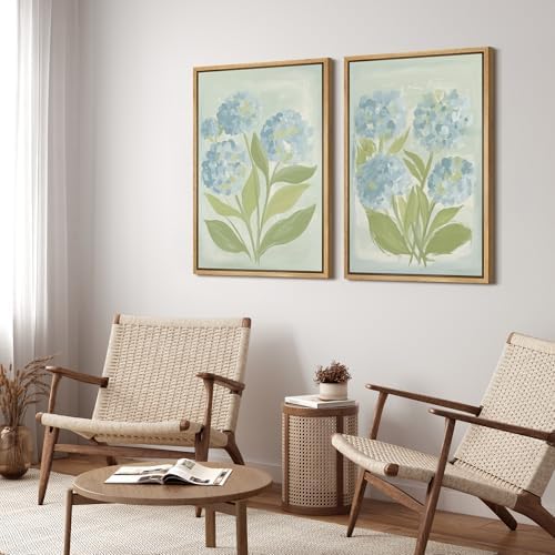 SIGNFORD Framed Canvas Print Wall Art Set Soft Hydrangea Pair Light Blue Florals with Green Leaves Illustration Modern Art Decorative Nature for Living Room, Bedroom, Office - 24"x36"x2 Natural - 2