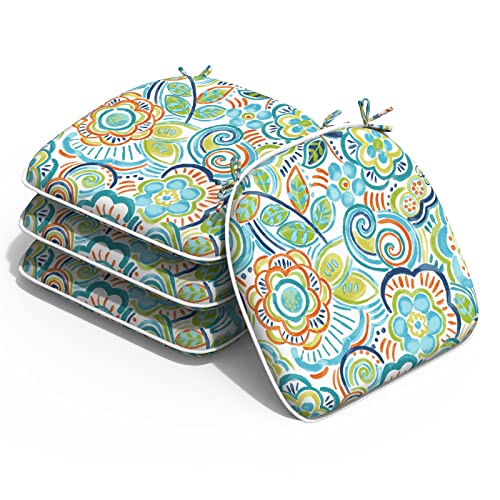 Melody Elephant Outdoor Chair Cushions Set Of 4, Water Resistant Patio Chair Pads With Ties, Seat Cushions For Home Garden Furniture Decoration, 16”X17”, Flower Blue #TOP21