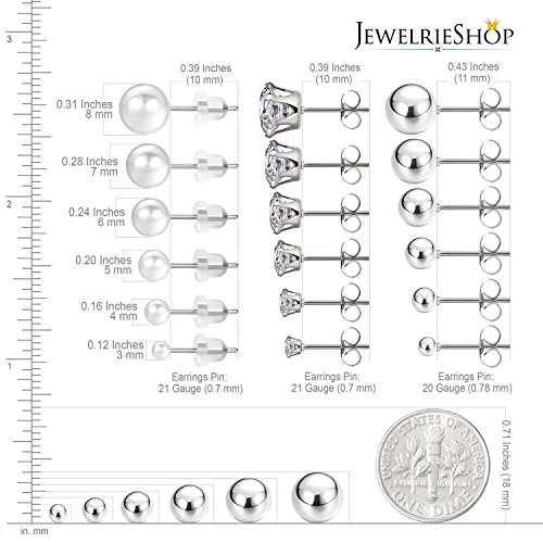 JewelrieShop Earrings Studs Set for Women Stainless Steel CZ Ball Faux Pearl Hoop Hypoallergenic Silver Multiple Ear Stud Earing for Men3