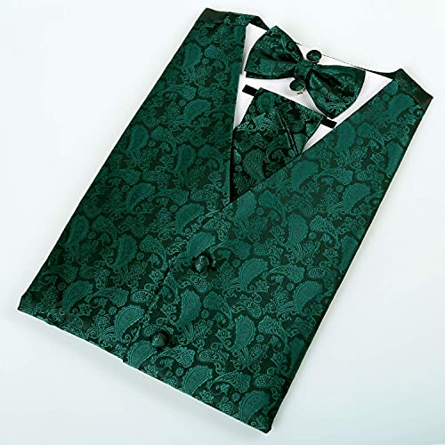 Alizeal Mens Classic 5Pc Suit Vest, Pre-Tied Bow Tie, 9Cm Necktie, Cufflinks And Handkerchief Set, Dark Green-M #TOP6