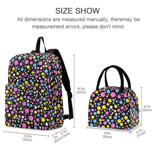 Backpack Lunch Bag Set Colored Dots Print, Big Storage Travel Backpacks with Insulated Lunch Box for Office Hiking Picnic2