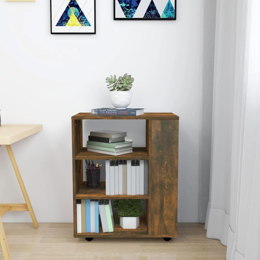 Rollschrank Räuchereiche 60x35x75 cm Holzwerkstoff mit fahrbaren Rollen und rechteckiger Ablageplatte für Büroorganisation und Stauraum