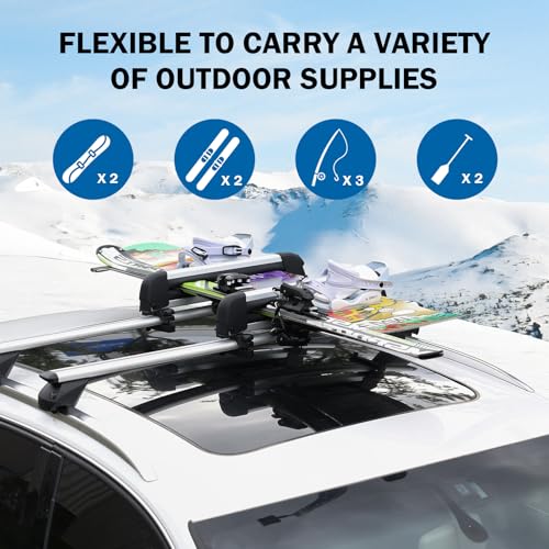 Gearantics 16.3 Inch Ski and Snowboard Rack for Car Roof, with TPV Rubber Padding and Lock, Fit 2 Pairs of Skis or 2 Snowboards, Fishing Pole Rod Rack for Car